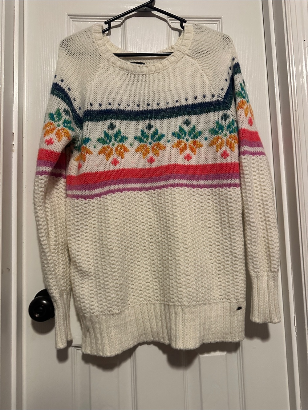 American Eagle Outfitters Cream Crewneck Sweater with Multicolor Fair Isle
